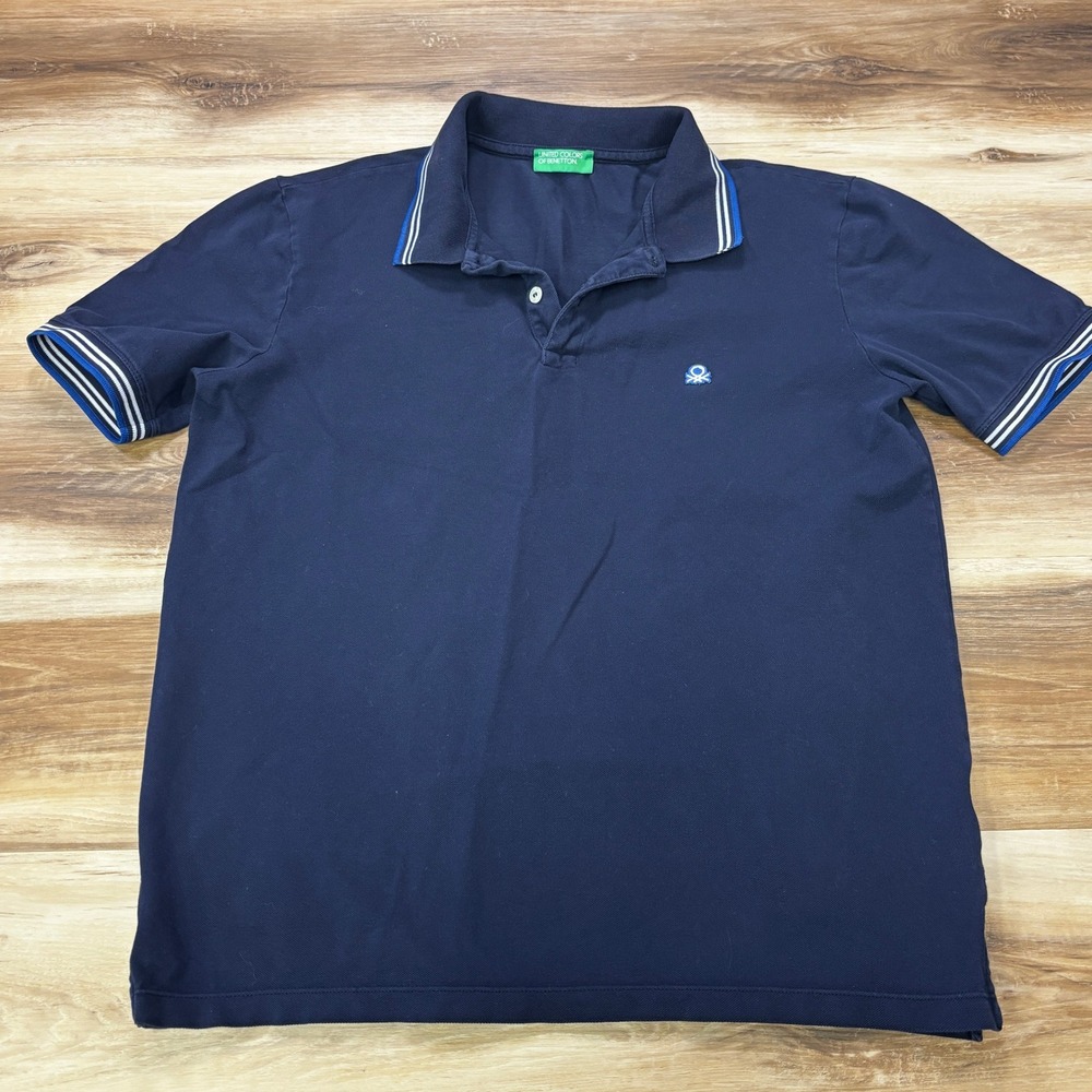United Colors of Benetton Polo Shirt Large Tipped Pique Cotton Blend Navy Blue